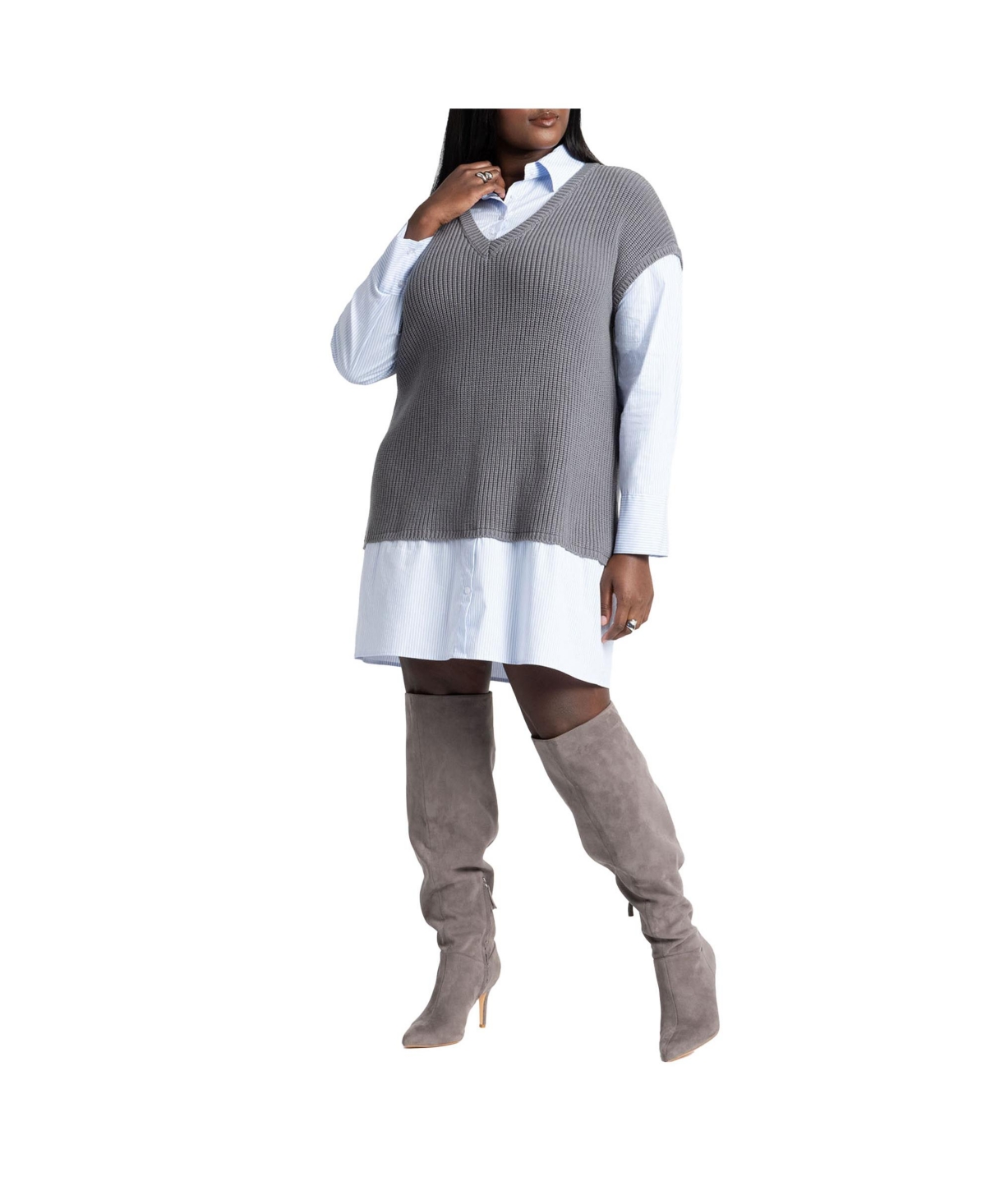 Women's Plus Size Twofer Shirt Dress - Charcoal smudge