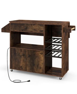 Drop-Leaf Kitchen Island Cart with Power Outlet, Microwave Shelf, Wine Rack & Drawer