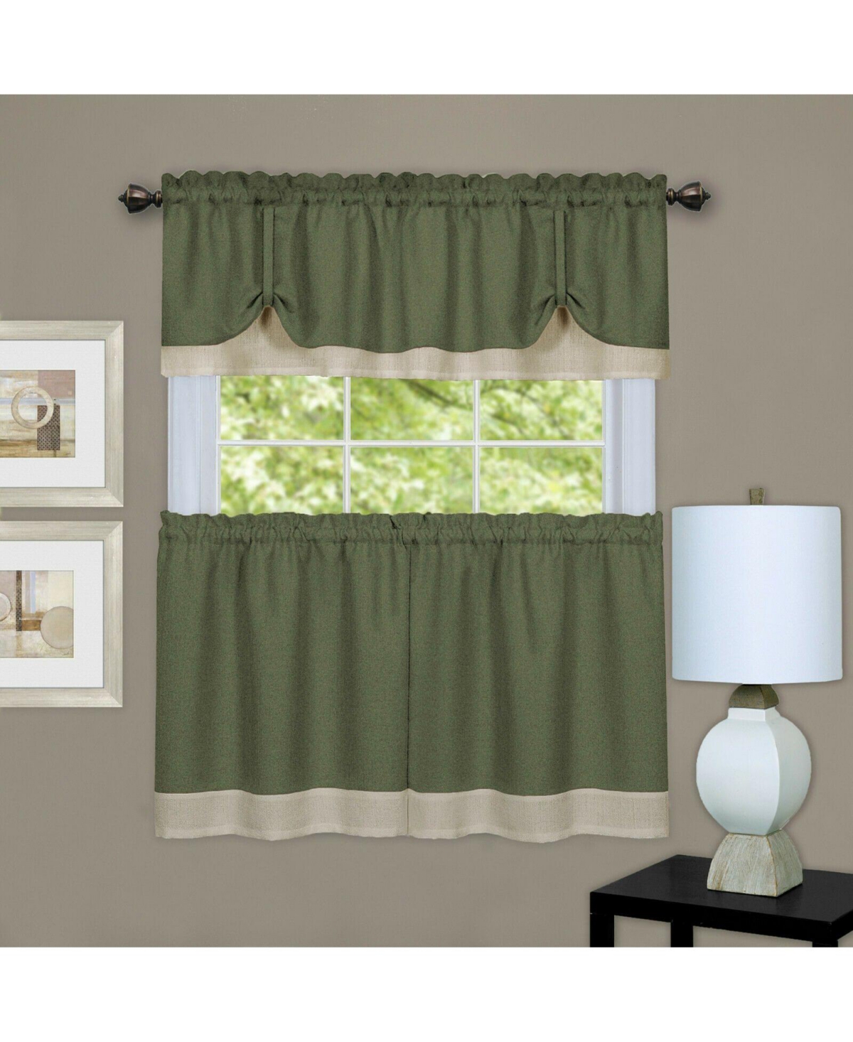 Flax Styled Semi Sheer 3 Piece Tie-Up Kitchen Curtain Tier & Valance Set - 58 in. W x 36 in. L, Sage/Tan - Sage/tan
