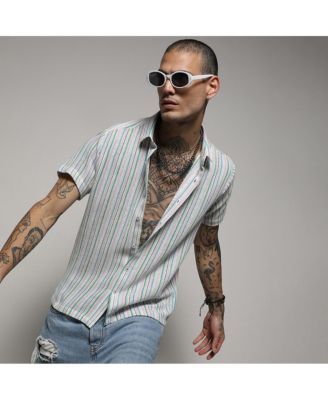 Men's Pink & Green Unbalanced Striped Woven Shirt