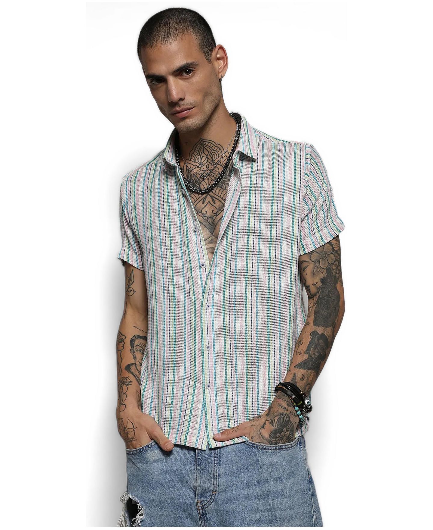 Мужская рубашка Cahoot Campus Sutra Pink & Green Unbalanced Striped Woven, цвет: Белый — фото 2