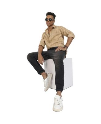 Men's Beige Contrast Tartan Plaid Shirt