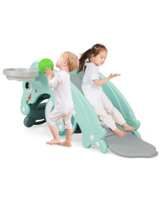 3-in-1 Kids Slide Rocking Horse Set Convertible Toddler Slide w/ Basketball Hoop Green