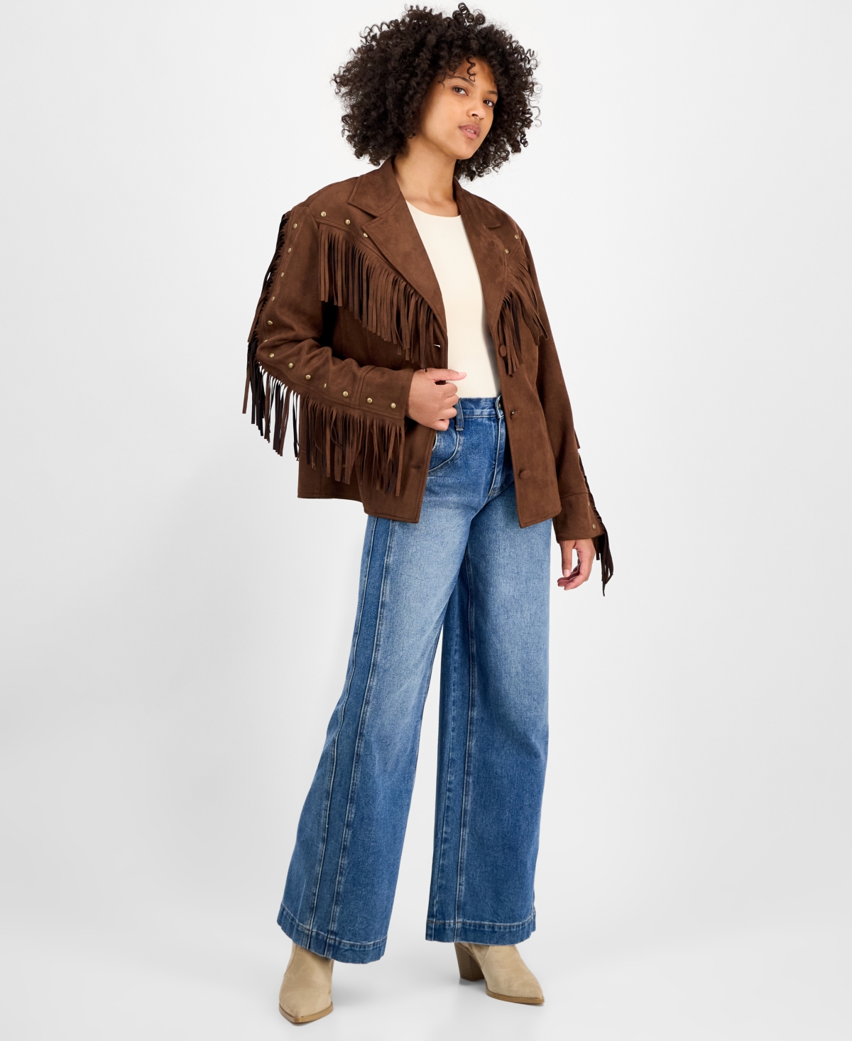 And Now This Women's Faux-suede Fringe Studded Jacket, Macy's Exclusive In Brown