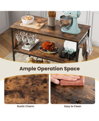 Kitchen Island 3-Tier Prep Table with Wine Glass Holders Large Worktop