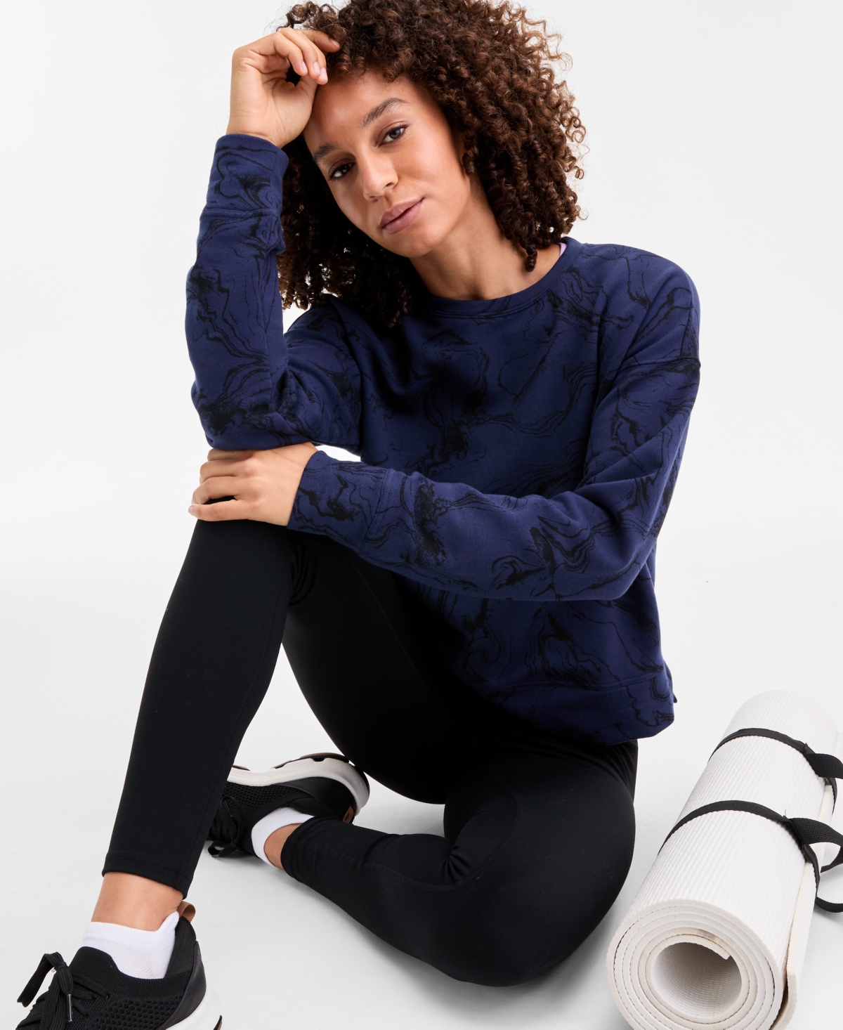 Id Ideology Women's Relaxed Earthly Marble Fleece Crewneck Sweatshirt, Macy's Exclusive In Blue