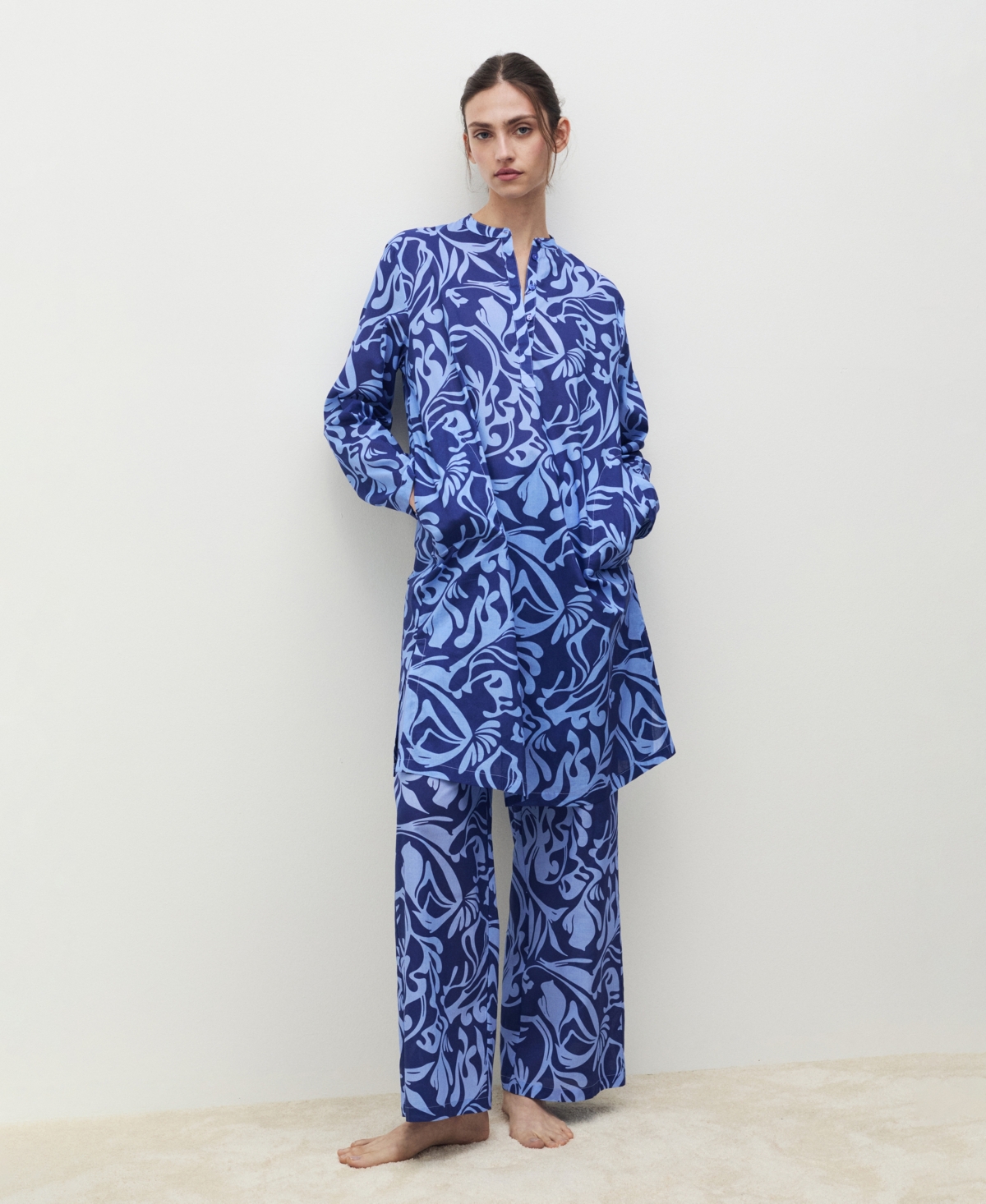 Mango Two-tone Print Cotton Pants In Blue