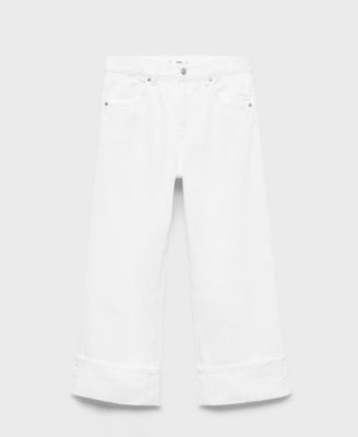 MANGO - Women's Turned-Up Hem Wide-Leg Cropped Jeans