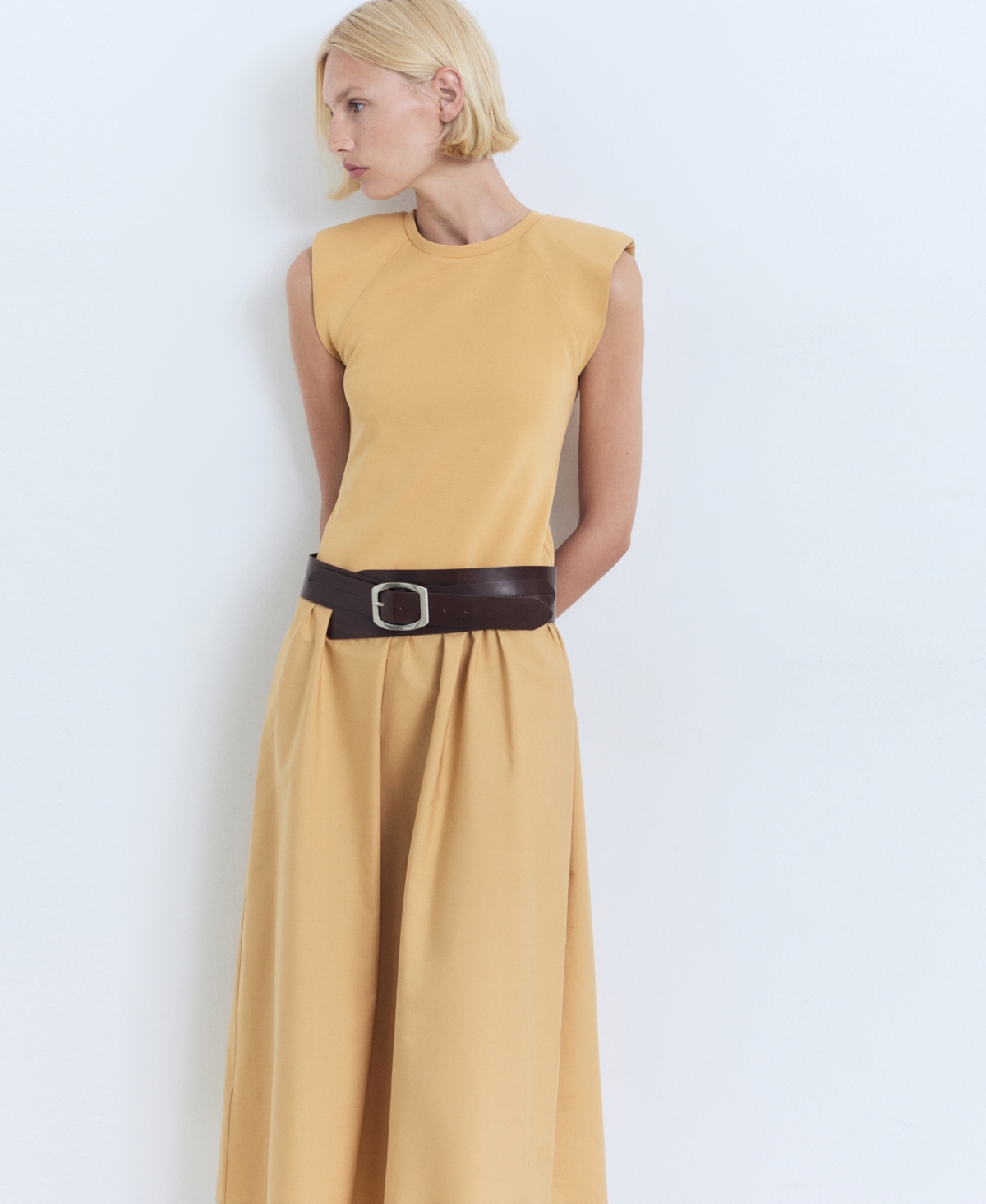 Mango Shoulder Pad Maxi Dress In Nude