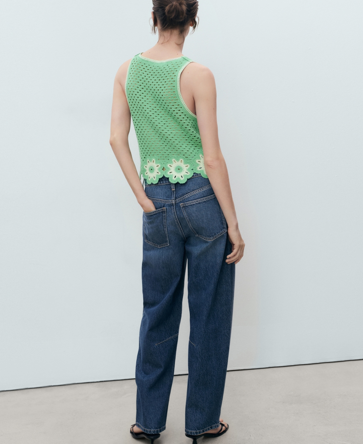Mango Floral Scallop Crochet Tank In Green