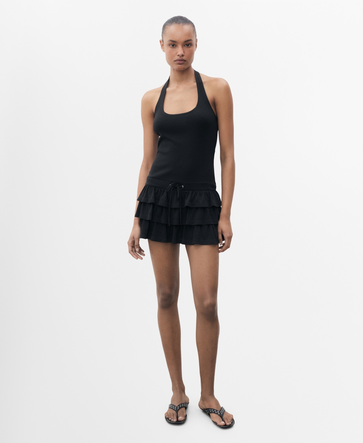 Mango Ruffle Hem Halter Minidress In Black