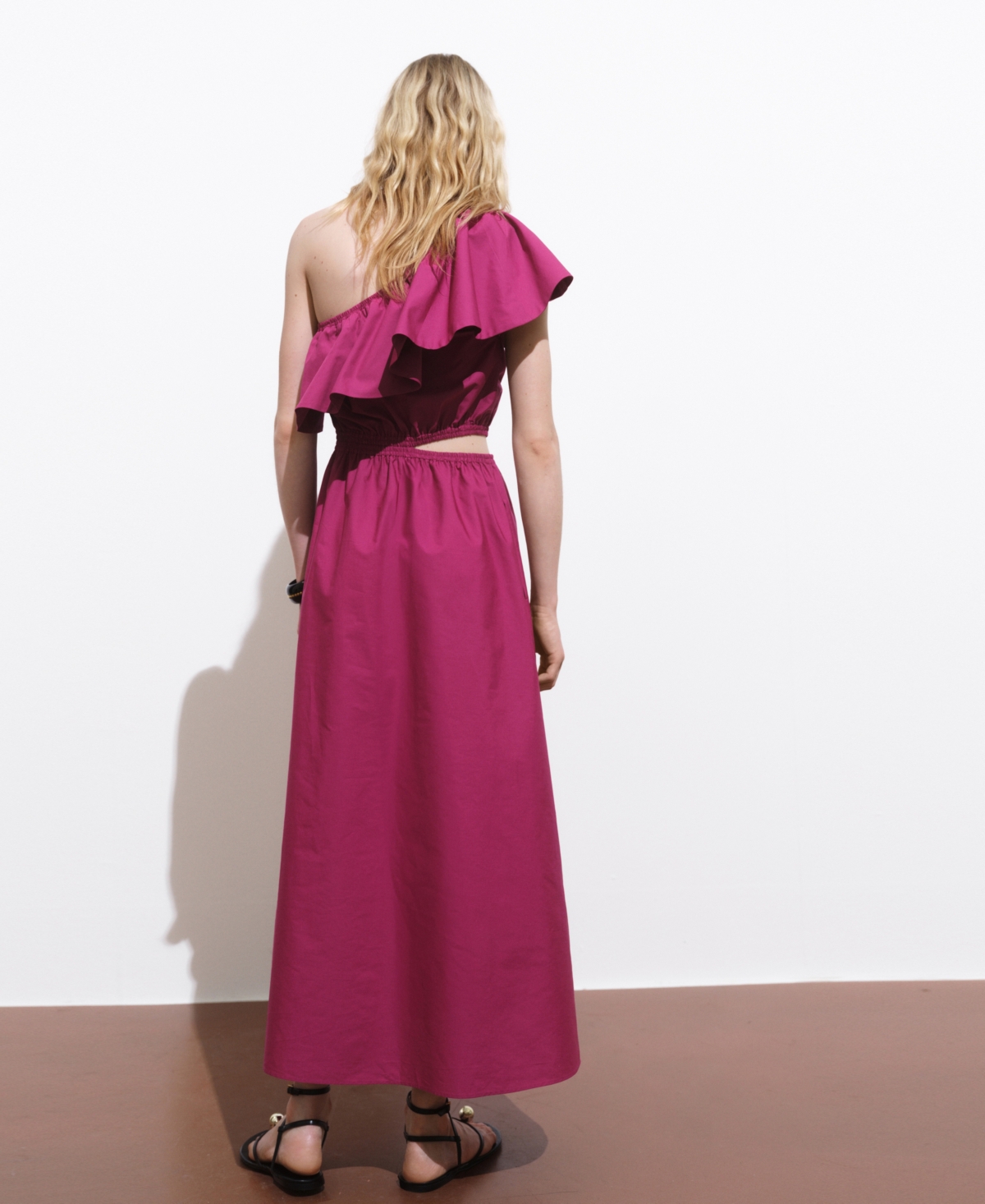 Mango Asymmetric Cutout One-shoulder Maxi Dress In Pink