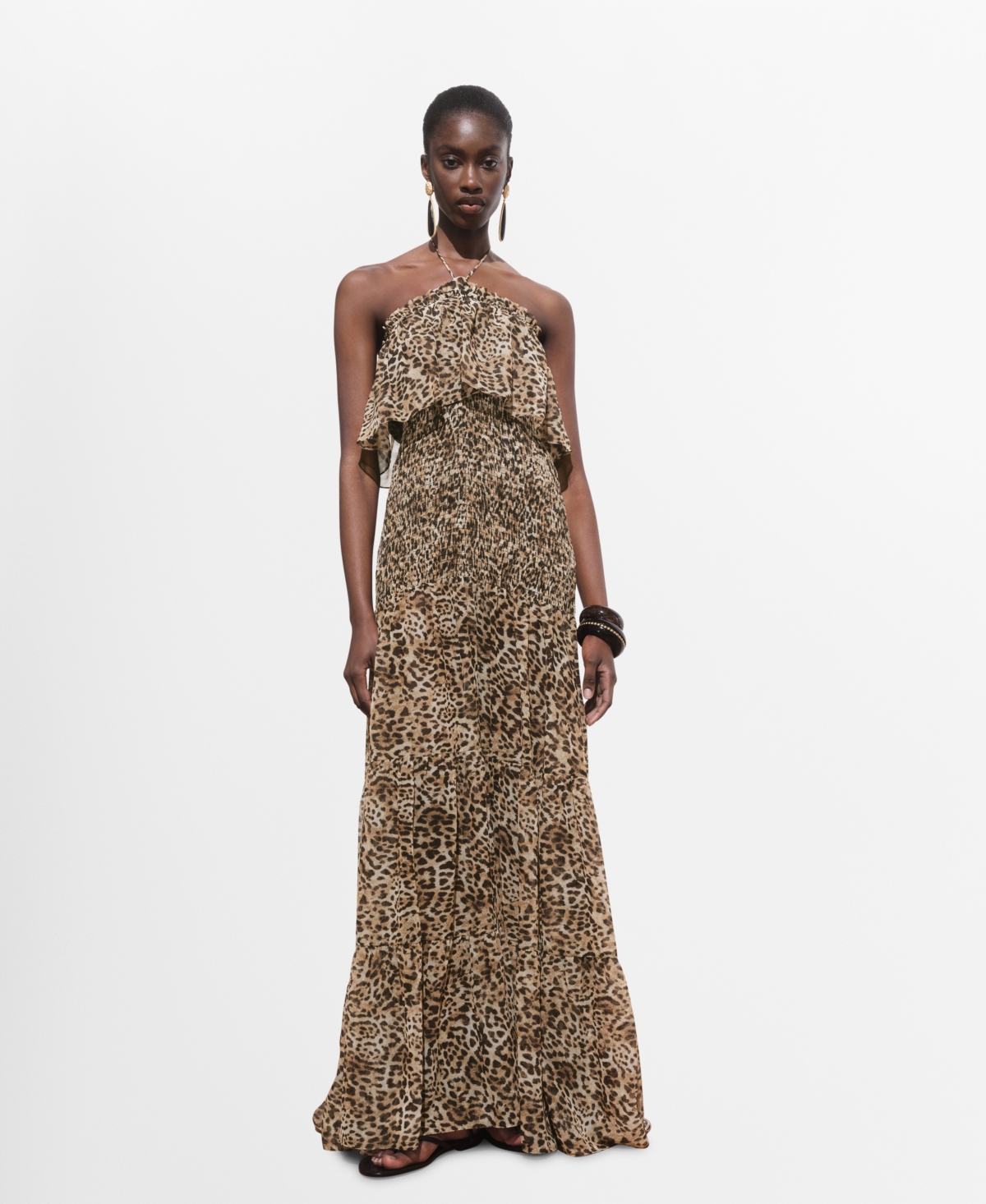 Mango Leopard Print Halter Maxi Dress In Brown