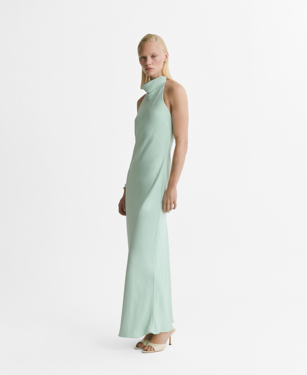Mango Satin Halter Neck Dress Aqua Green In Green