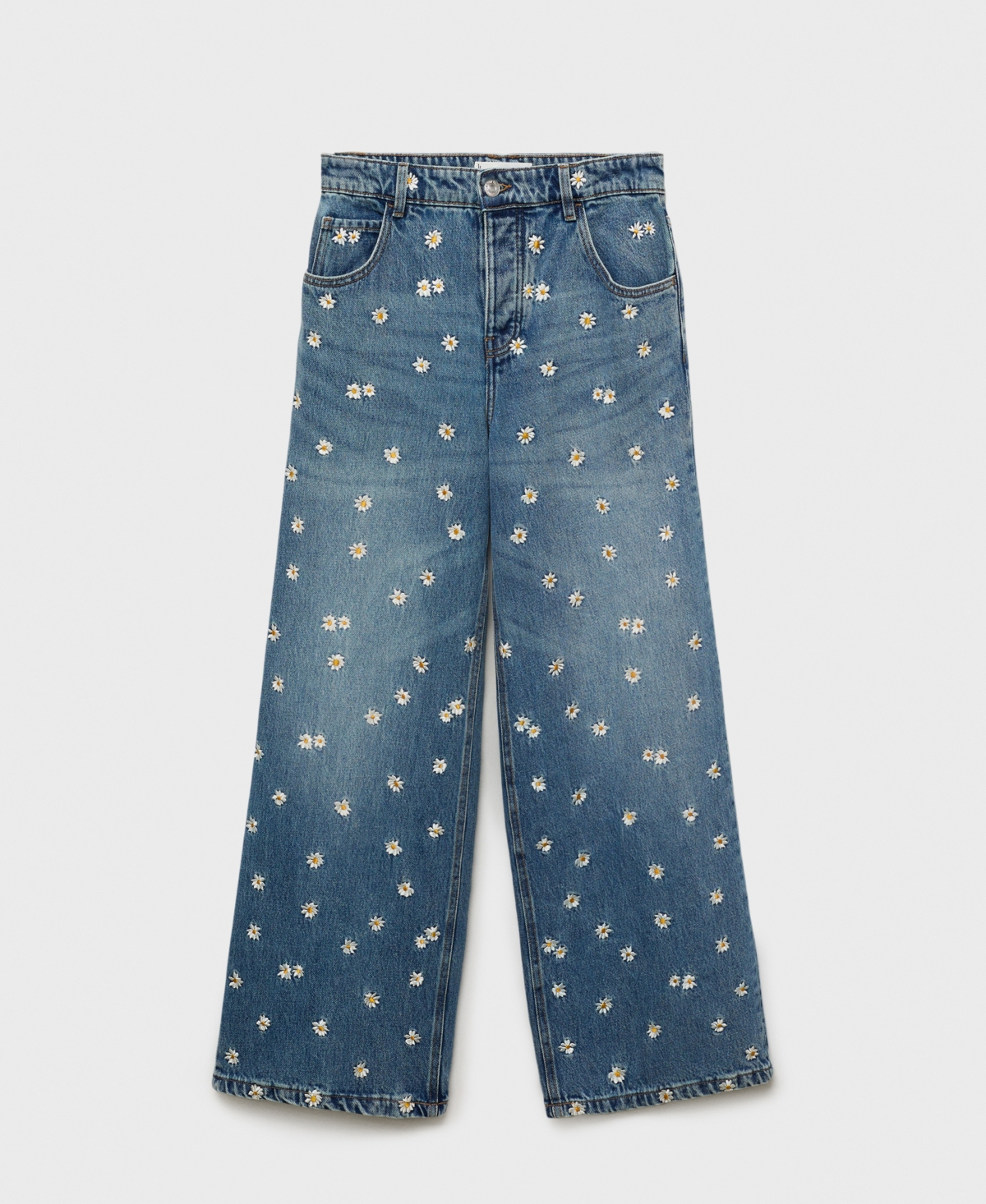 Women's Flower-Embroidered Wide Leg Jeans - Medium Blue