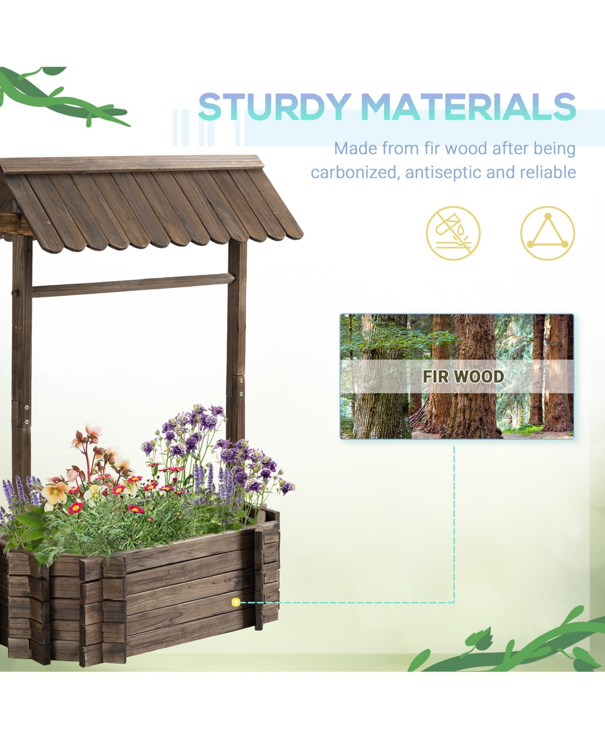 Outsunny Wooden Wishing Well Raised Garden Bed, Flower Planter,