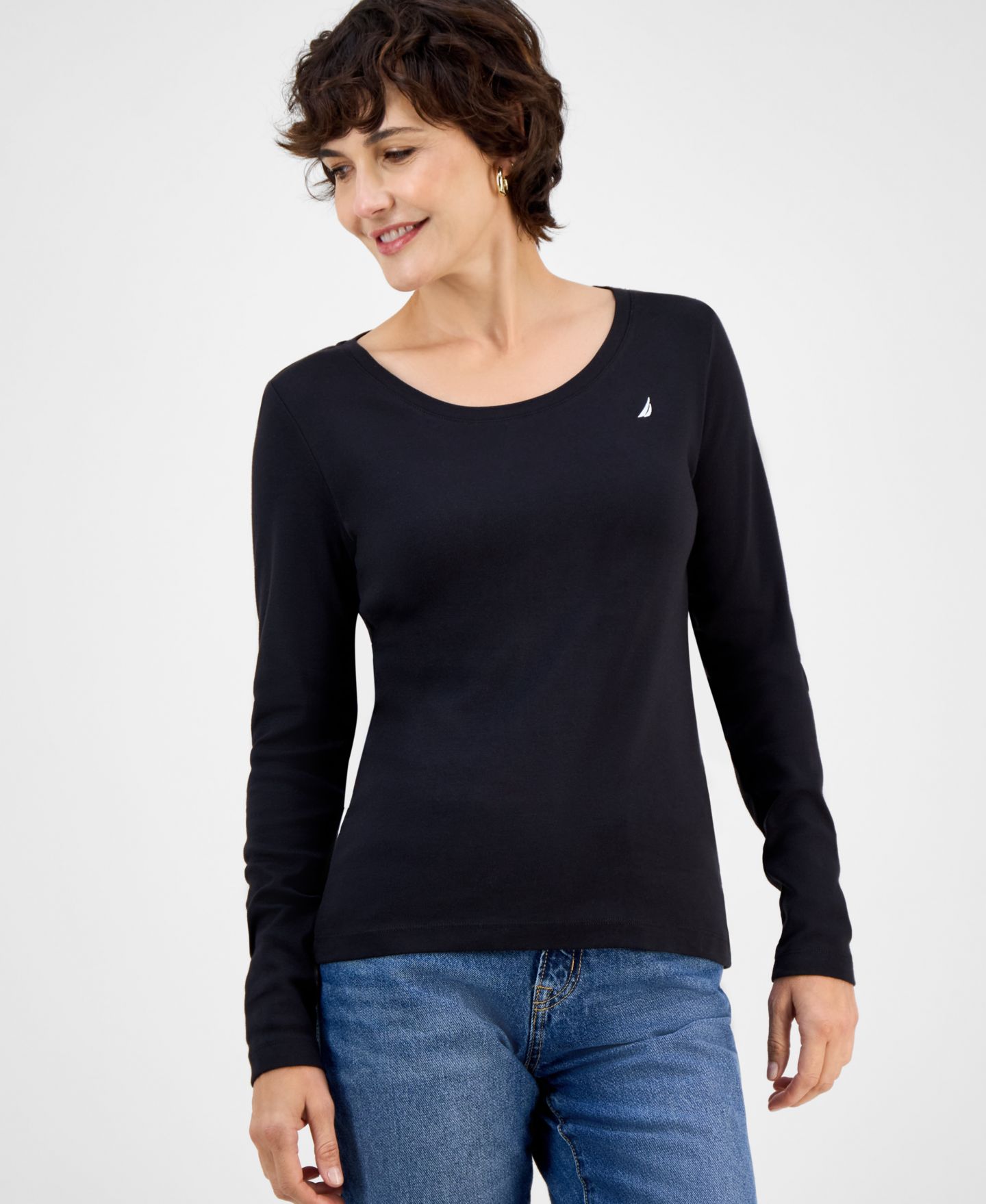 Женская футболка Nautica Cotton Scoop-Neck Long-Sleeve T-shirt, Online Only, цвет: Чёрный — фото 1