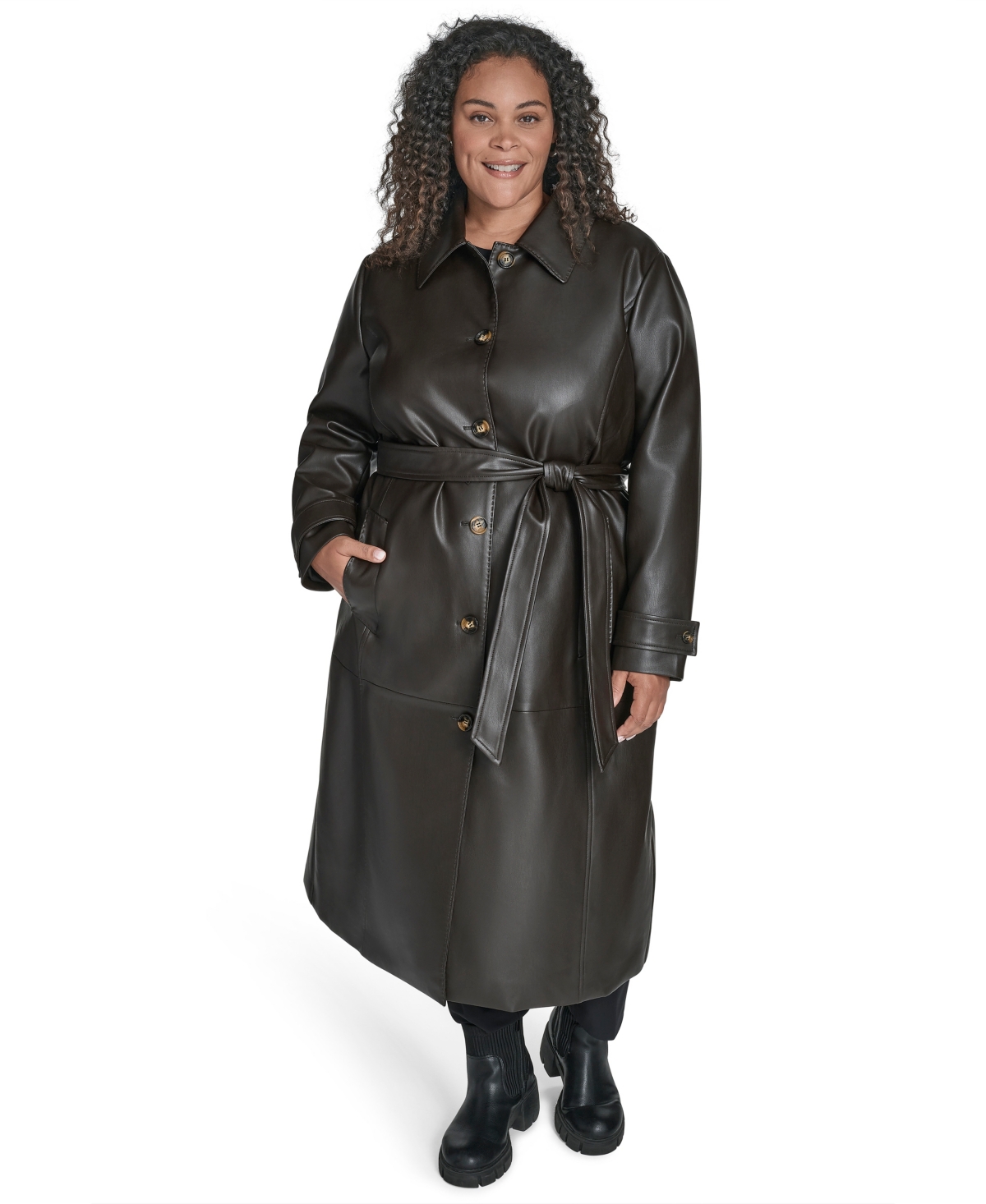 Calvin Klein Plus Size Belted Faux Leather Trench Coat In Black