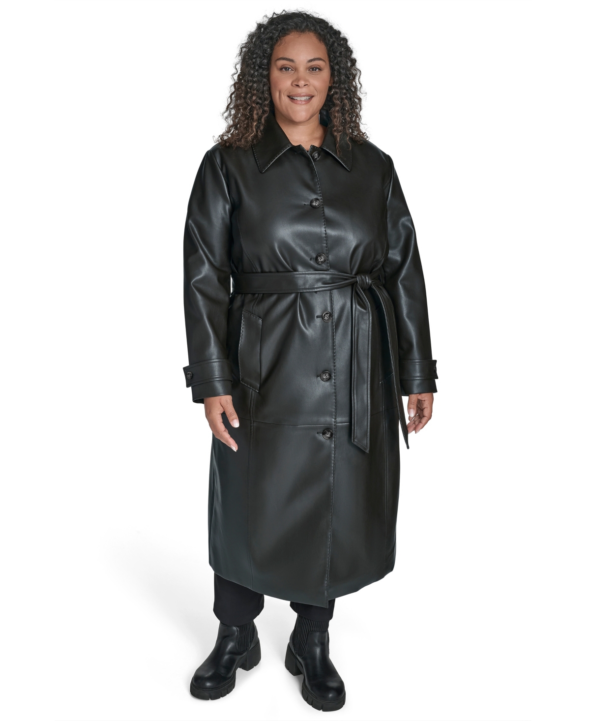 Calvin Klein Plus Size Belted Faux Leather Trench Coat In Black