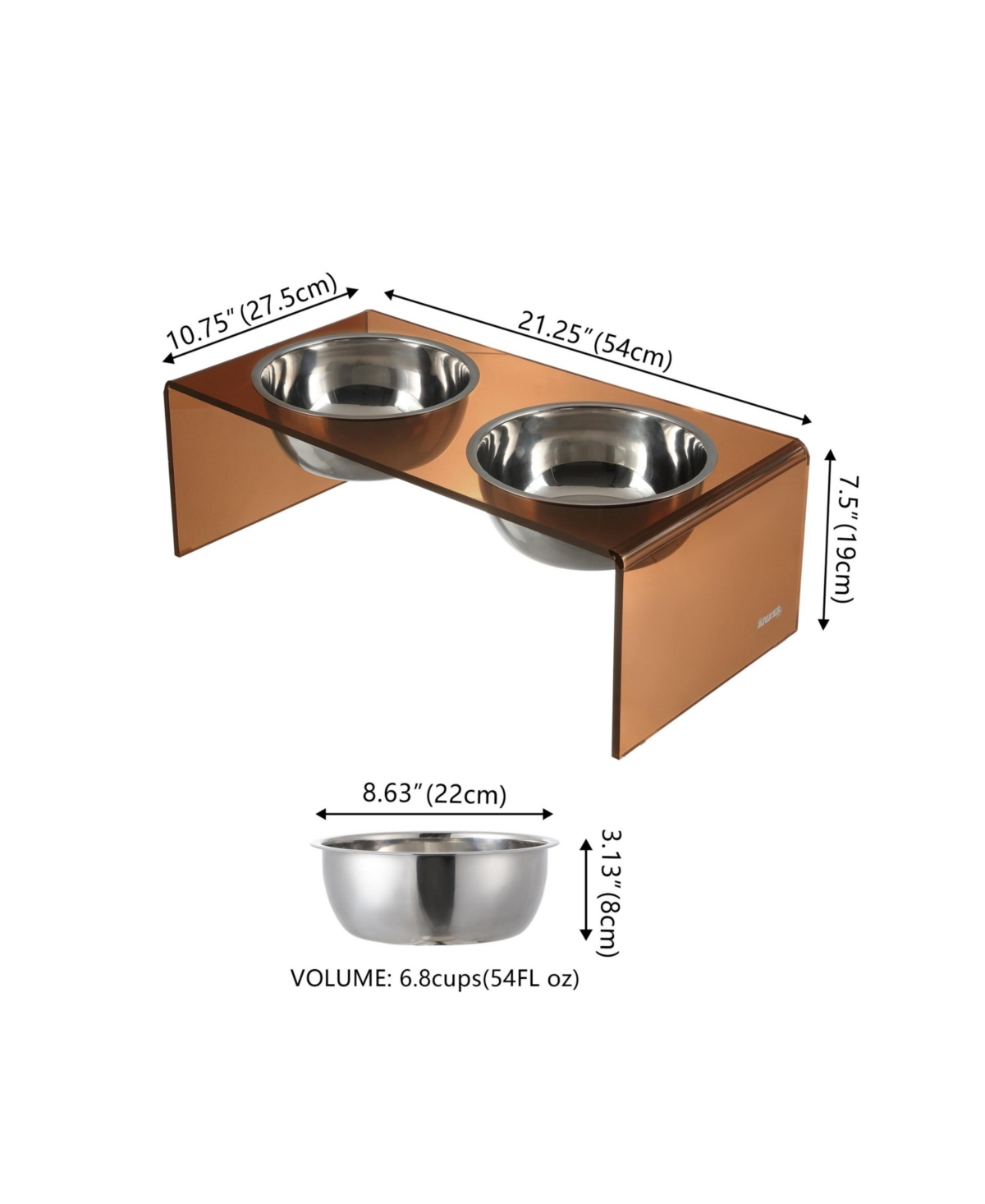 Keaton Modern Acrylic Rectangular Elevated Pet Feeder with 2-Stainless Steel Bowls