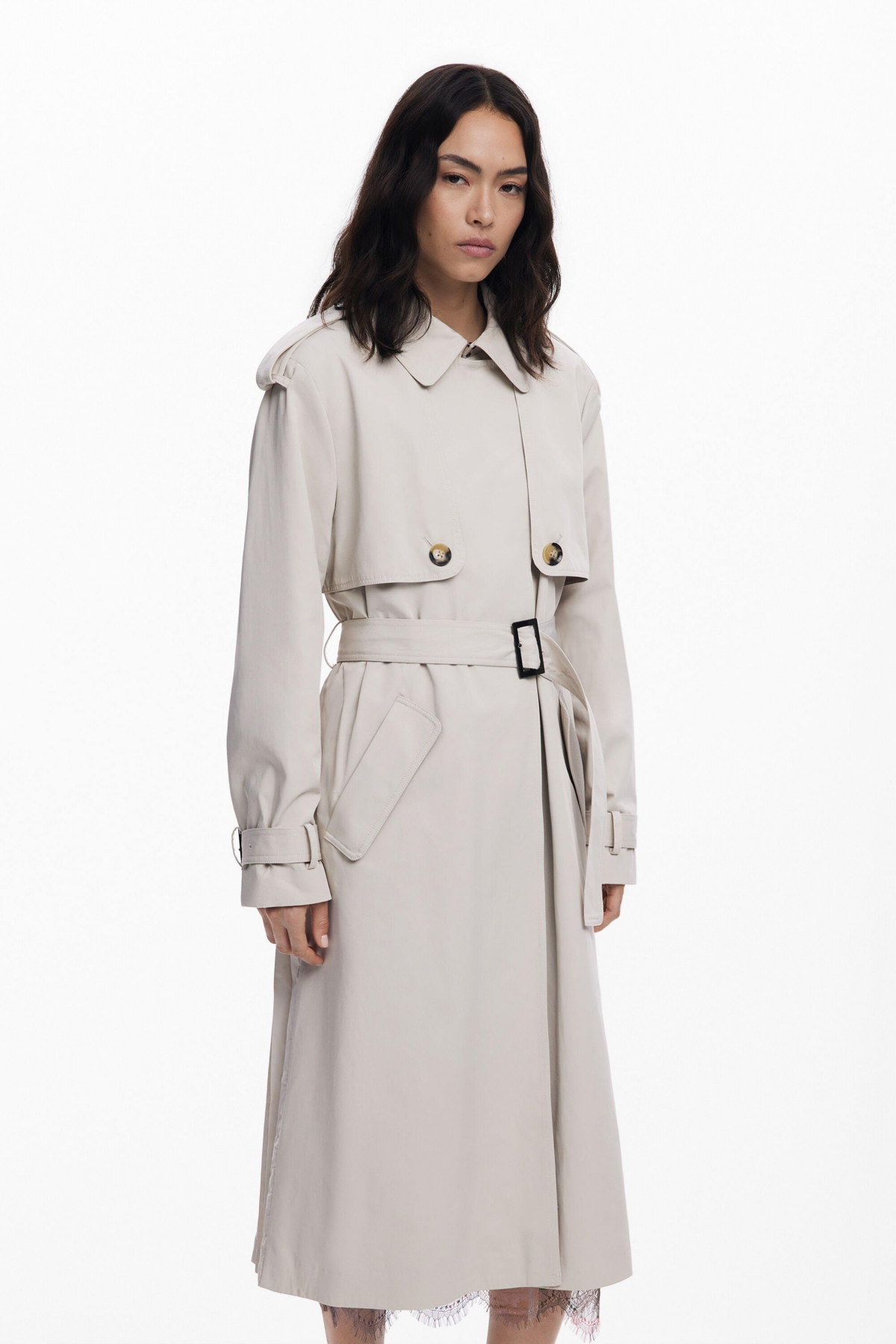 Desigual Belted Trench Coat In Gray