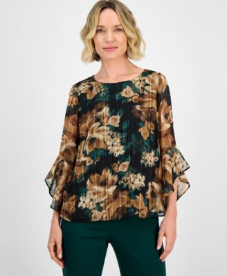 Kasper - Women's Animal-Print 3/4-Bell Sleeve Blouse