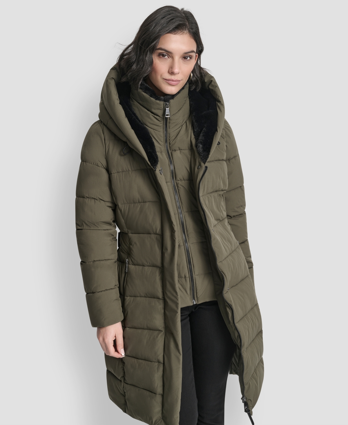 Dkny Women's Belted Asymmetrical Zip Front Puffer Coat In Gold
