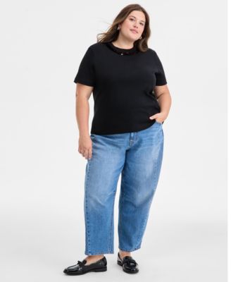 Trendy Plus Size Sequin Neck Cotton T-Shirt, Macy's Exclusive
