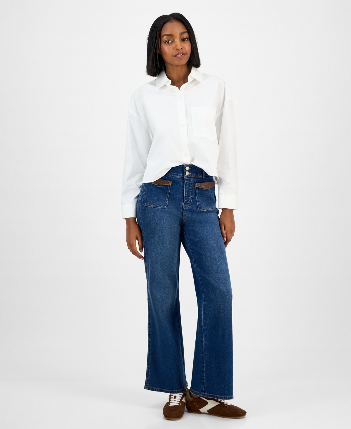 And Now This Women's Wide-leg Faux-leather-trim Jeans, Macy's Exclusive In Blue