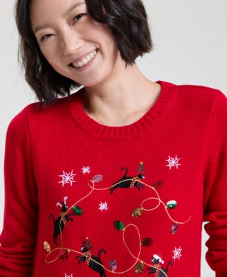 Women's Kitten Sleigh Crewneck Sweater, Created for Macy's