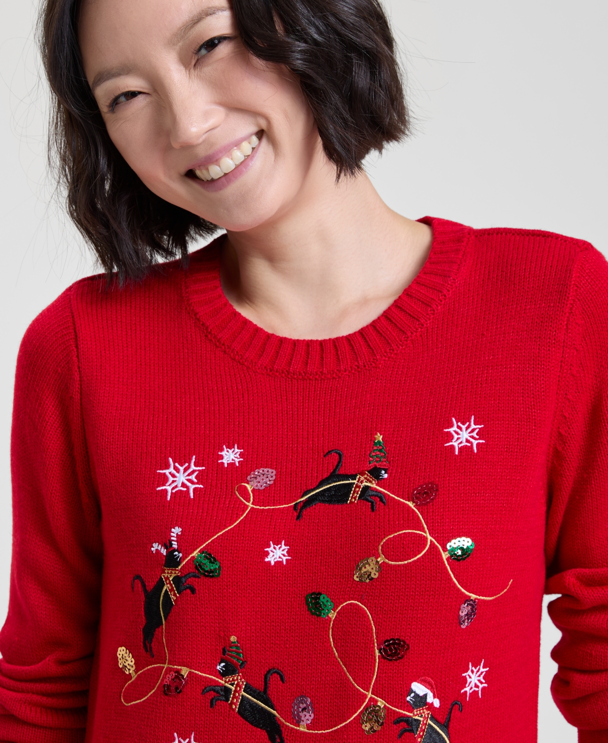 Holiday Lane Women's Kitten Sleigh Crewneck Sweater, Created For Macy's In Red