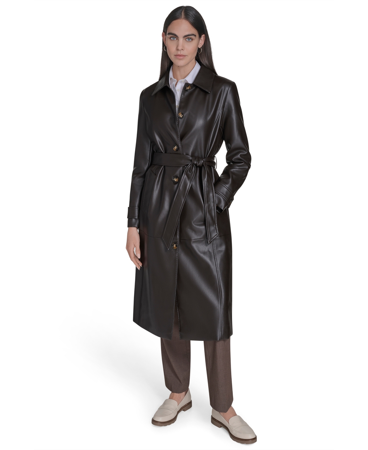 Calvin Klein Petite Faux-leather Trench Coat In Brown