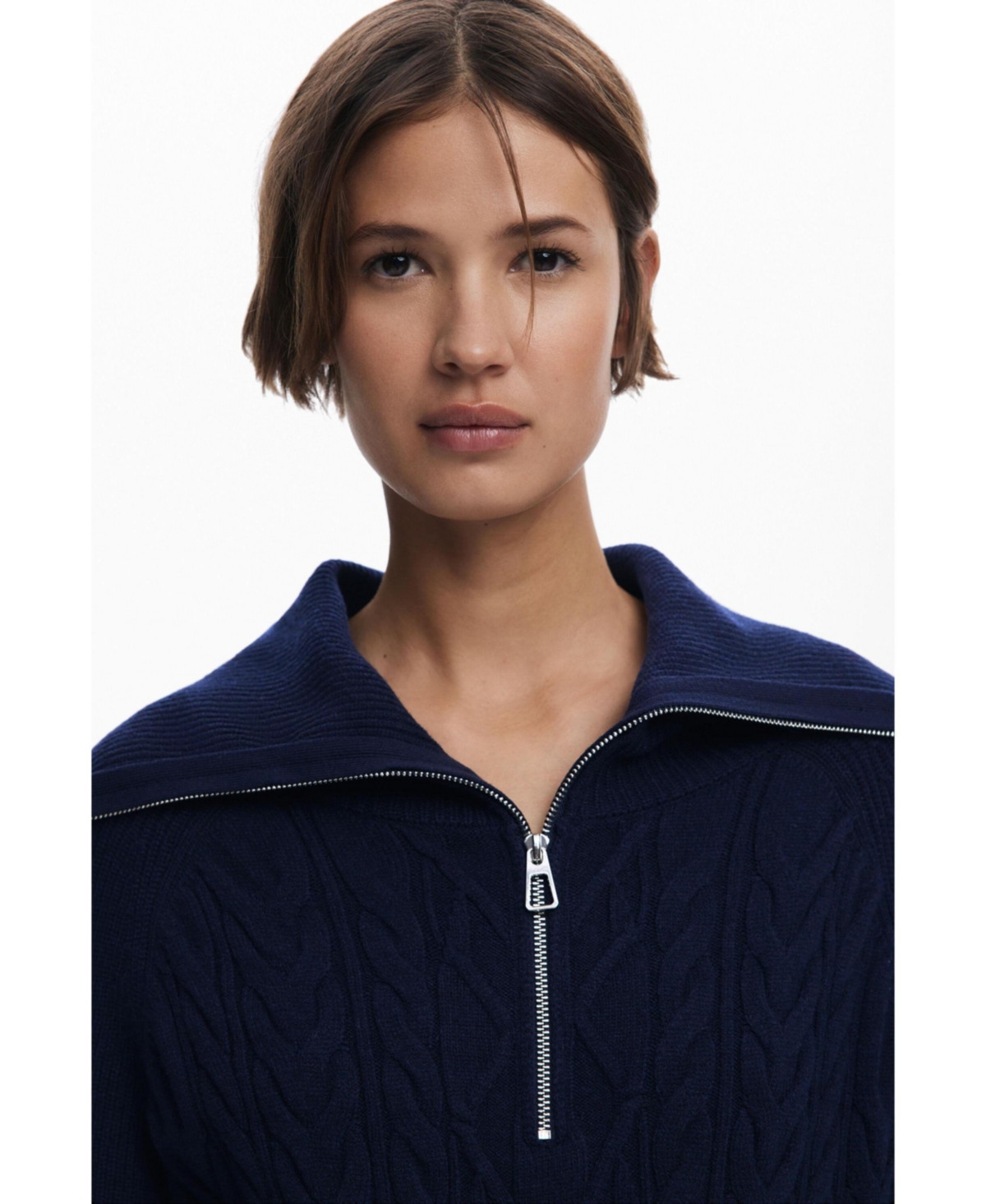 Desigual Mixed Media Oversize Cable Half Zip Sweater In Blue
