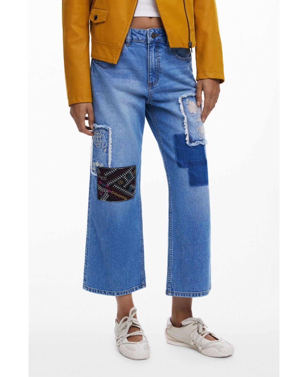 Desigual Patched Mid Rise Crop Wide Leg Jeans In Blue