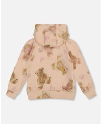 Big Girls Glittering French Terry Hoodie Beige Teddy Bear Print