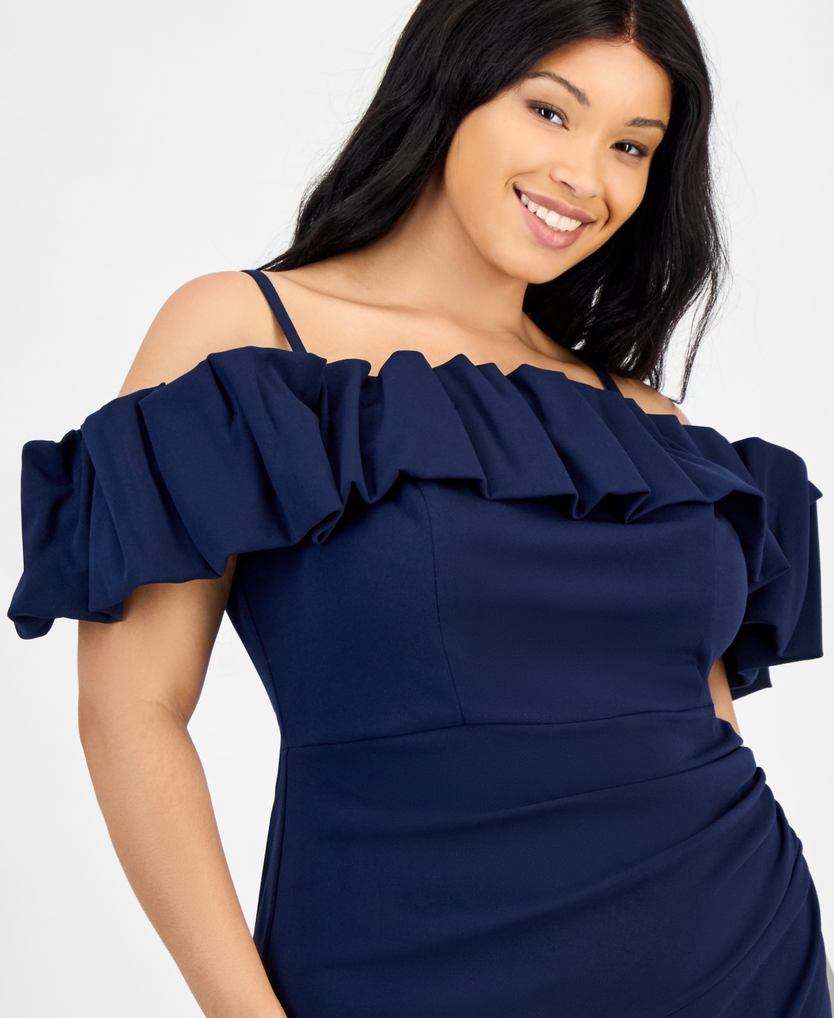 City Studios Trendy Plus Size Bubble-trim Cold-shoulder Scuba Gown In Blue