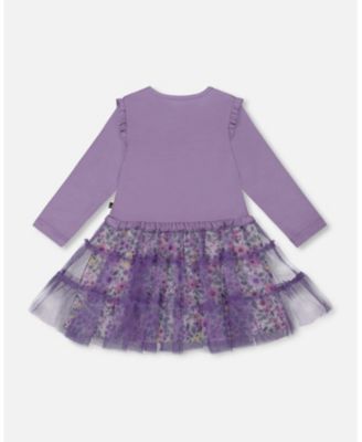 Girl Bi-Material Dress with Muslin and Mesh Skirt Purple Gray - Toddler|Child