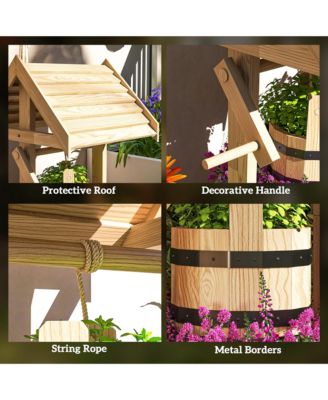 Wishing Well Planter with Bucket, Wooden Wishing Well, Natural