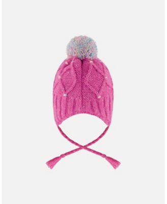 Girl Lined Peruvian Knit Hat with Pompom Pink and Multicolor - Toddler|Child
