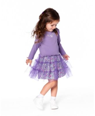 Girl Bi-Material Dress with Muslin and Mesh Skirt Purple Gray - Child