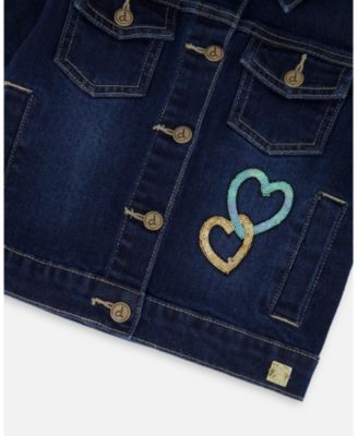 Girl Stretch Denim Jacket Dark Blue with Glittery Hearts and Unicorn - Toddler|Child