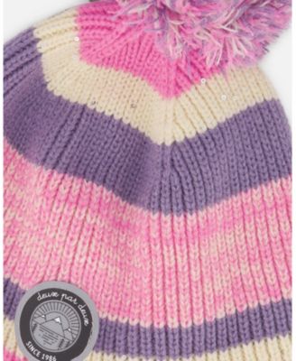 Girl Lined Peruvian Knit Pompom Hat Pink and Purple - Toddler|Child