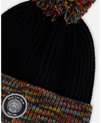 Boy Lined Knit Winter Hat with Pompom Black and Multicolor - Toddler|Child