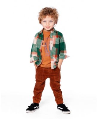 Boy Long Sleeve Yarn Dyed Plaid Shirt Green and Orange - Toddler|Child