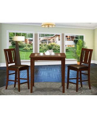 3-Piece Asian Hardwood Faux Leather Seat Stools with Square Pub Table Counter Height Kitchen Table Set