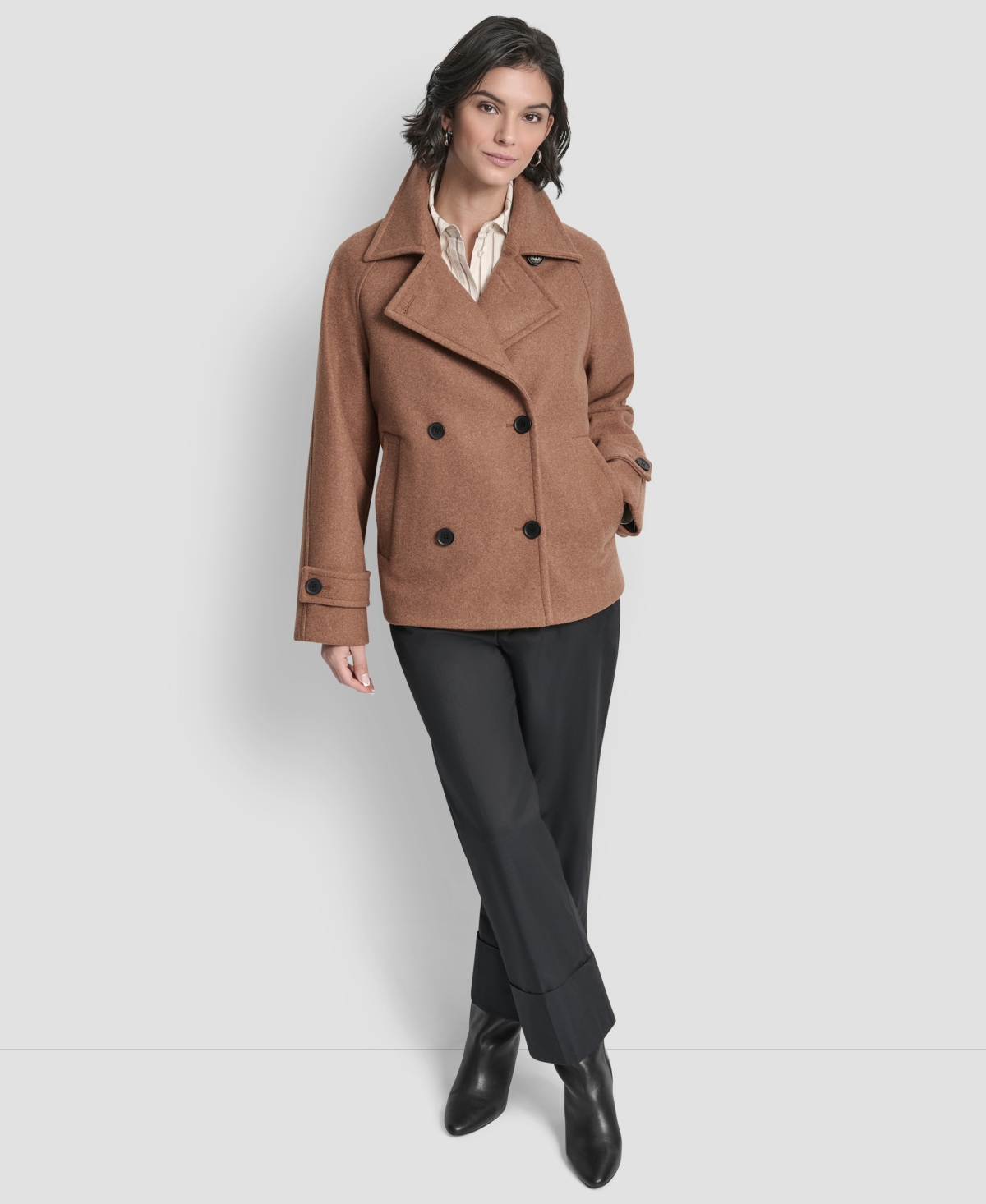 Dkny Womens Short Double Breasted Collared Coat P Xs Xxl In Brown