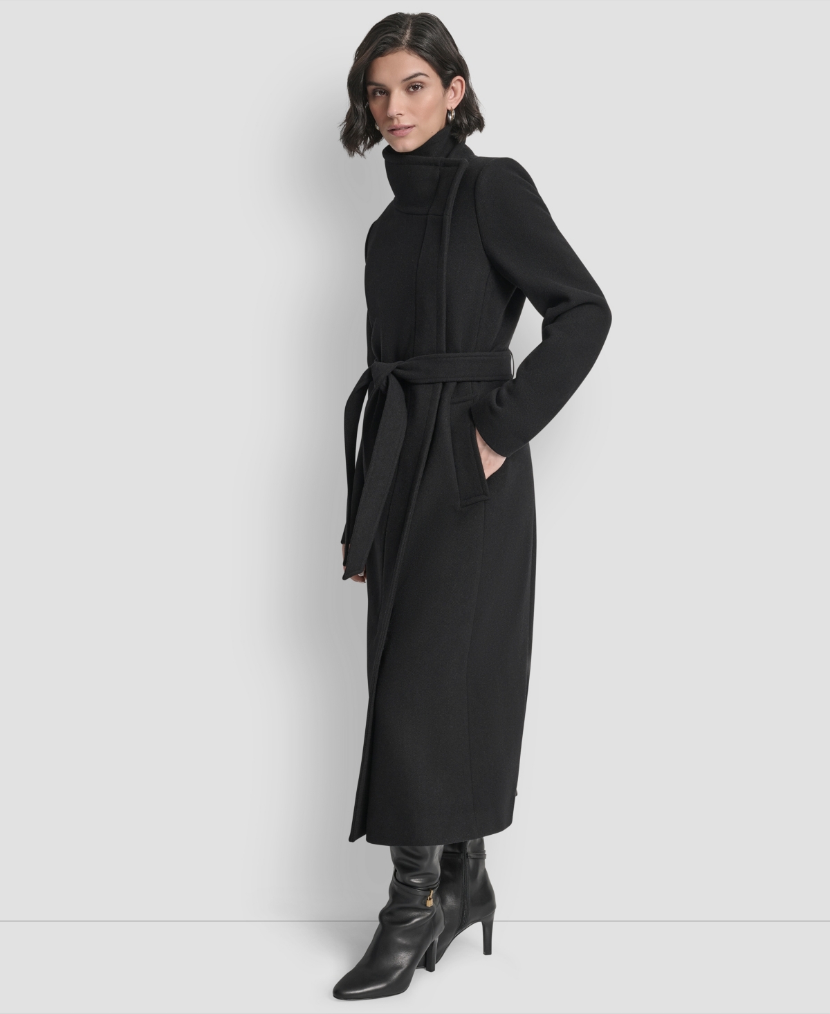 Dkny Women's Wing Collar Asymmetrical Wrap Coat In Black
