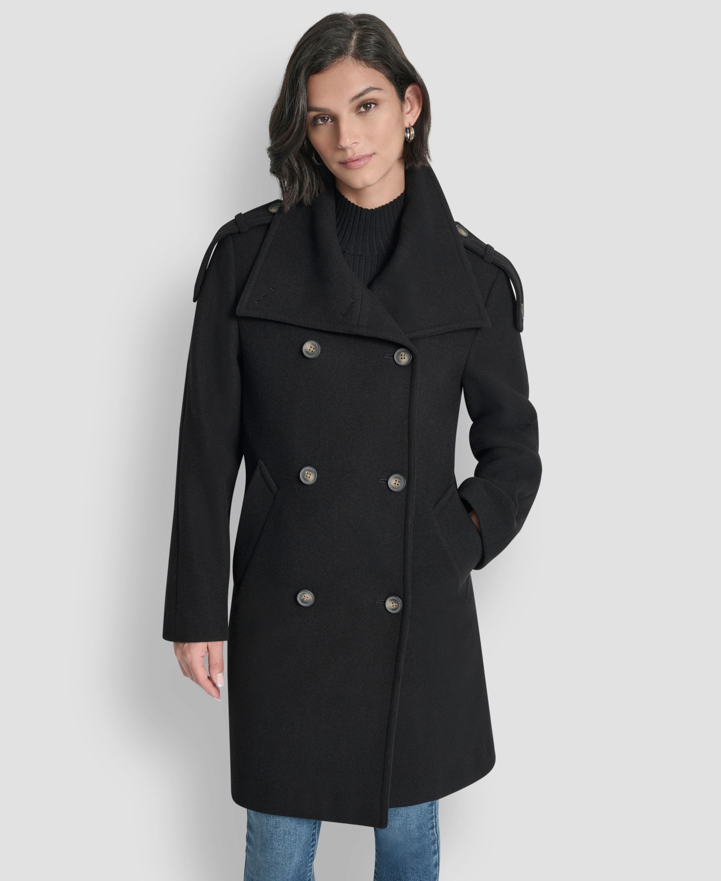 Женское пальто DKNY Double-Breasted Funnel Neck Military, цвет: Чёрный — фото 1