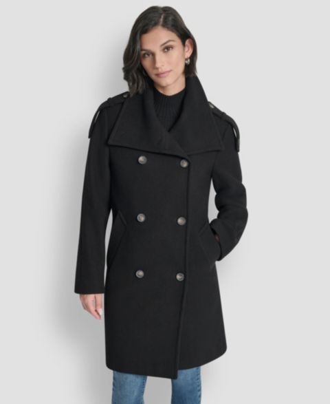 Женское пальто DKNY Double-Breasted Funnel Neck Military, цвет: Чёрный