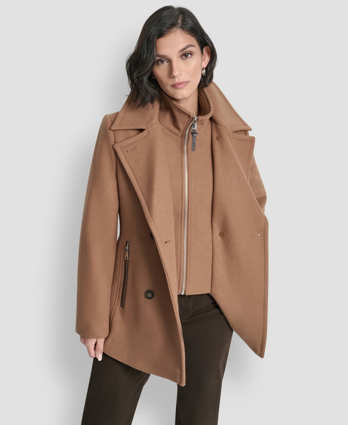 Dkny Womens Short Double Breasted Collared Coat P Xs Xxl In Brown